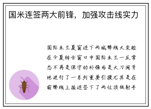 国米连签两大前锋，加强攻击线实力