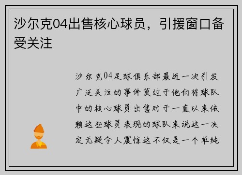 沙尔克04出售核心球员，引援窗口备受关注